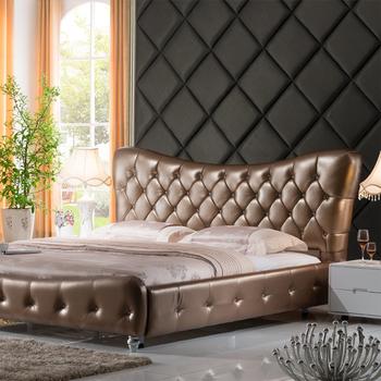 Carolean Luxury Crystal Bedroom Furniture Design King Size Upholstered Leather Bed C337